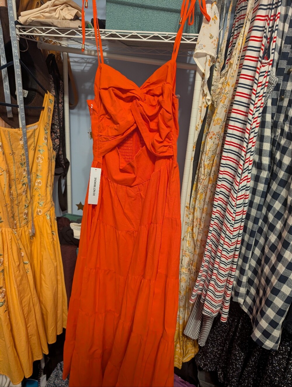 Spaghetti-Strap Red-Orange Maxi Dress with Front Twist Detail